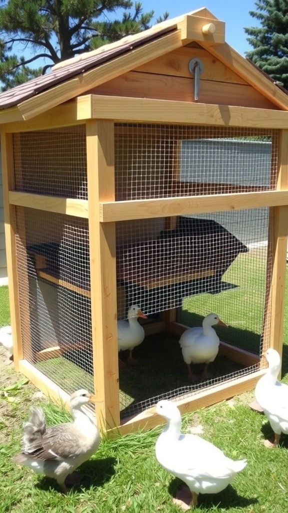 A wooden duck coop with wire mesh and ducks in a grassy backyard.
